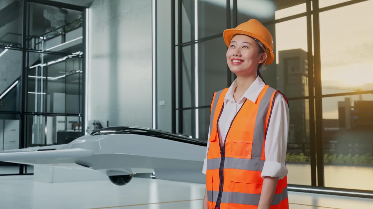 드론과 함께 현대 사무실에서 미소 짓는 엔지니어