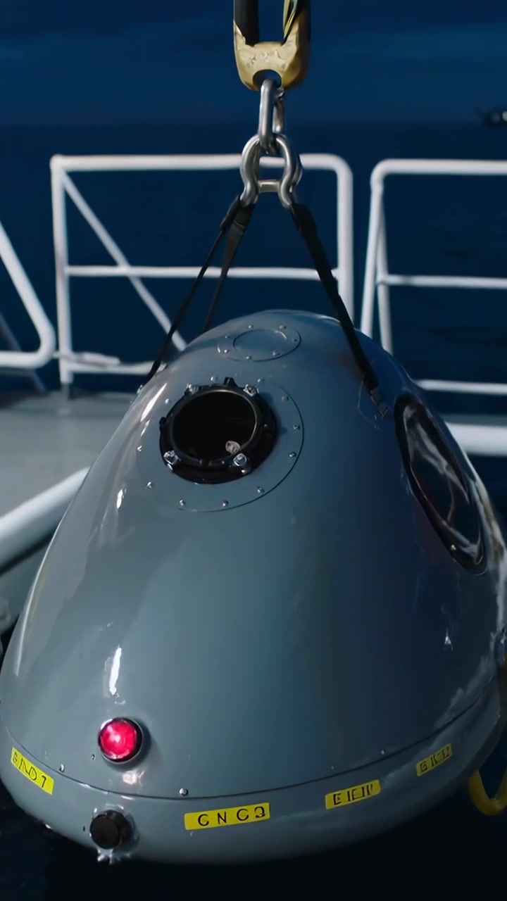 Video vertical: Grúa bajando un submarino mientras la tripulación equipada guía la escotilla hacia el pozo de la cubierta para lanzar una lámpara roja.