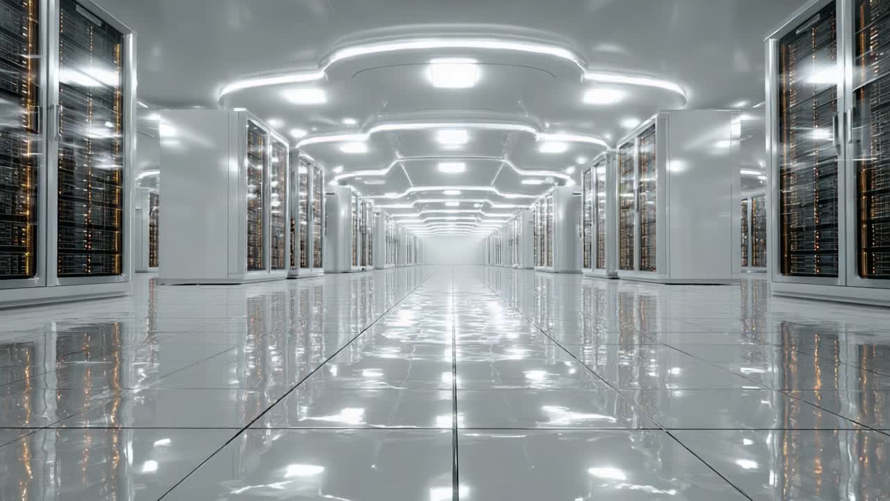 A High-Tech Data Center Showcase: Glowing Aisles and Impressive Server Racks Reflecting a Modern, Efficient Computing Environment