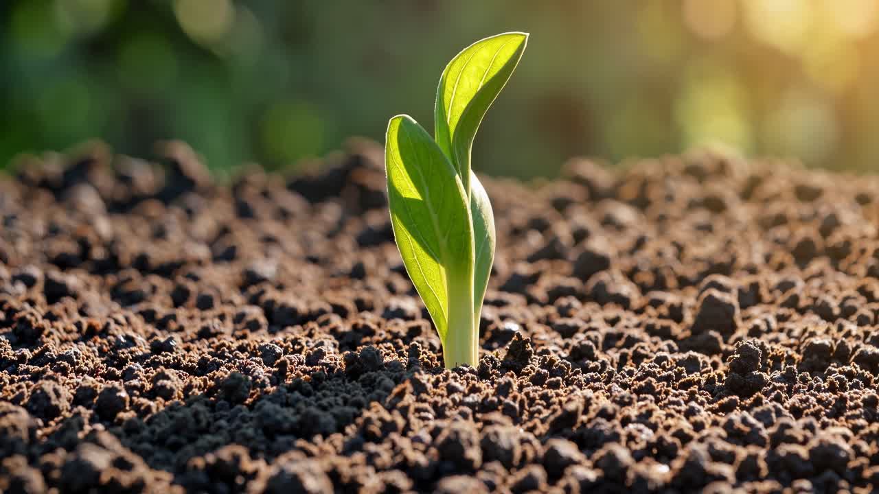 Close-up, low-angle shot of a small green sprout emerging from rich soil, capturing growth