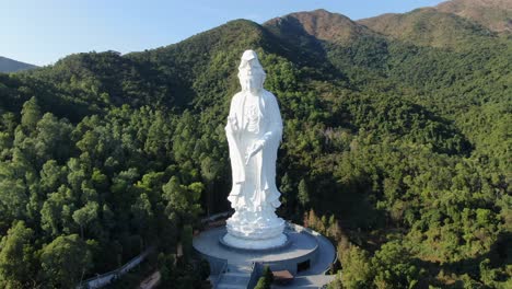 Aerial-view-of-Hong-Kong-Tsz-Shan-monastery-and-the-famous-Avalokitesvara-Guan-Yin-Statue,-Goddess-of-mercy