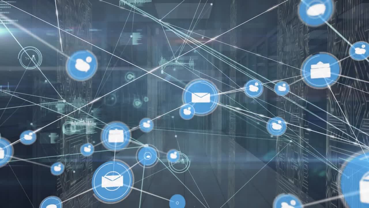 Animation of network of connections with icons and data processing over computer servers