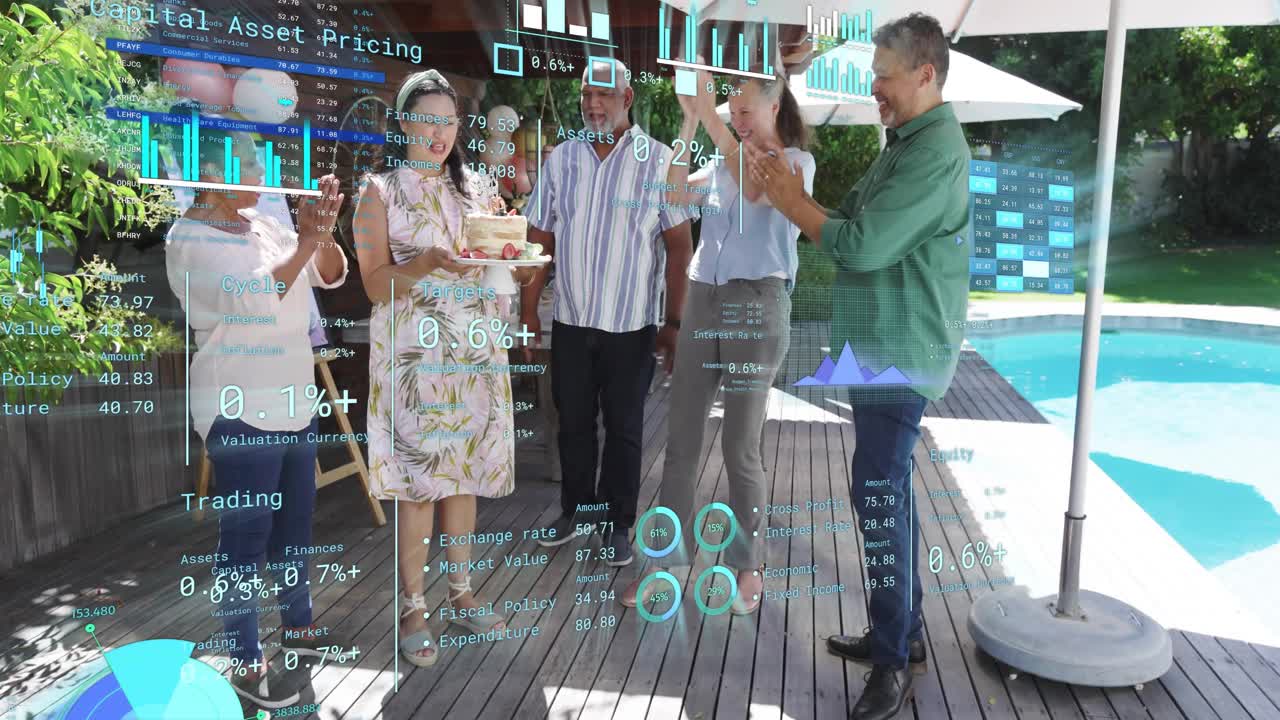 green man handing cake floral woman receiving and carrying on deck HUD charts animating over event