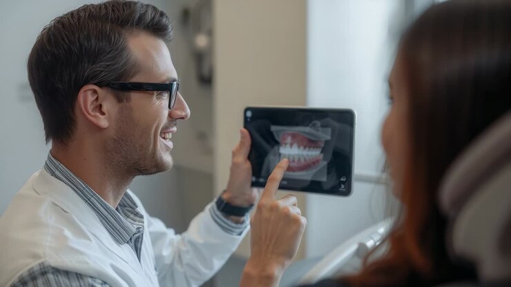 Raising tablet into her view, dentist pointing and explaining treatment using tooth model in clinic