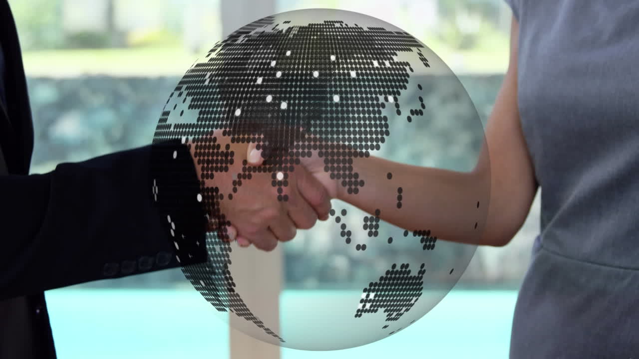 animación del globo sobre el apretón de manos de una mujer de negocios