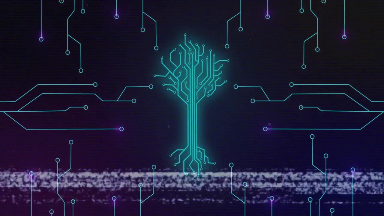 Neon circuit emerging, assembling, pulsing, receding after glitch flickering for network cycle