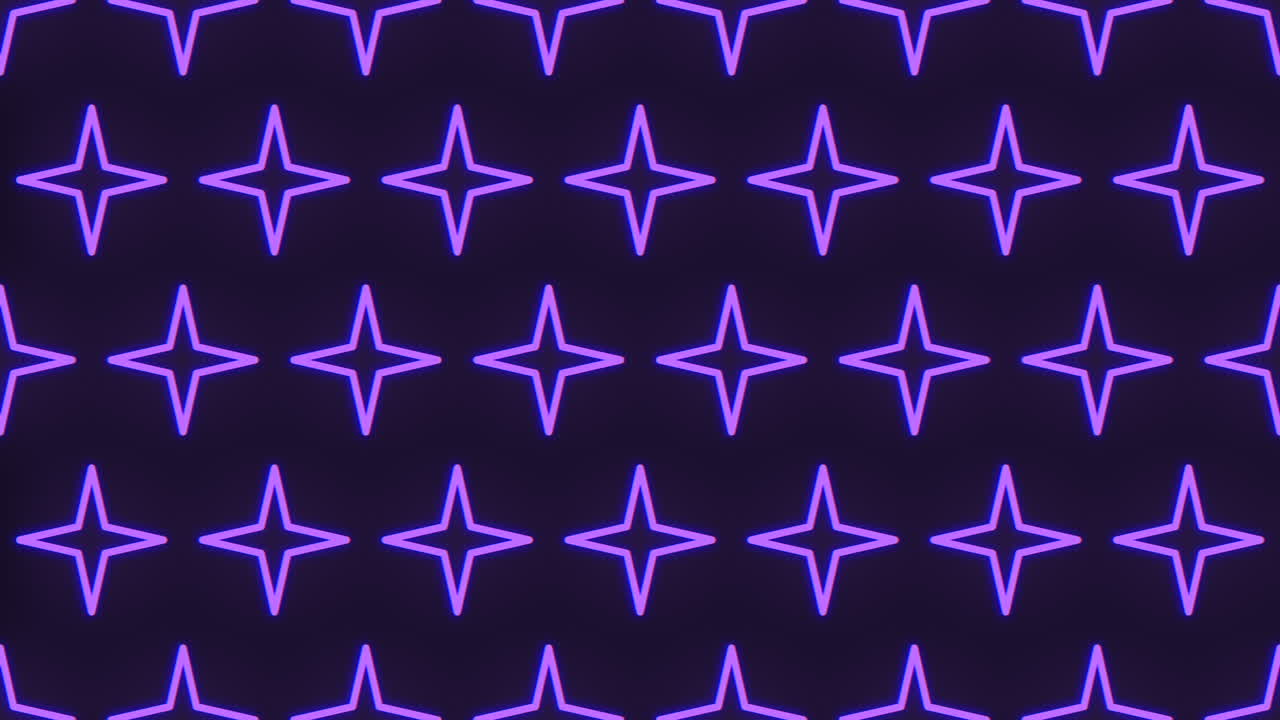 Abstract neon purple and blue starburst pattern on dark background, glowing geometric shapes forming a seamless repeating backdrop for retro, tech, and party visuals