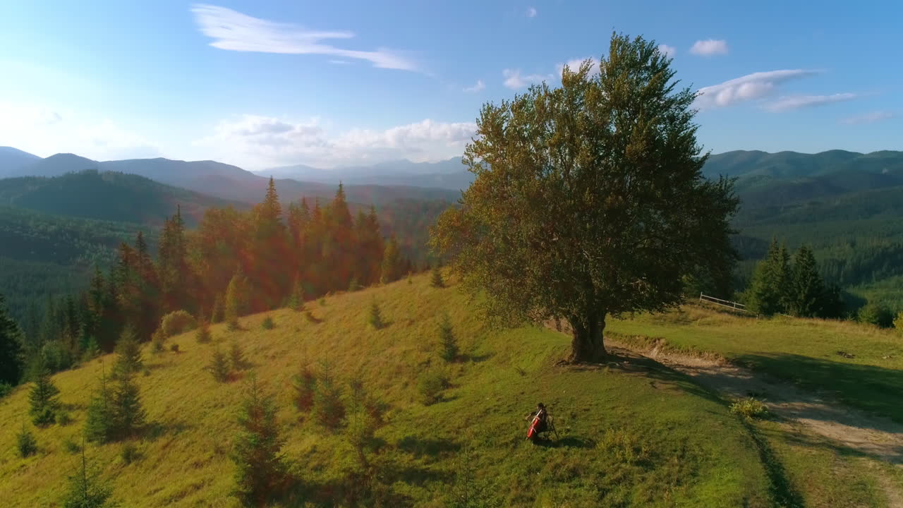 Amazing green nature in the mountains in the morning. Musician performing music on hill among wild nature. Fresh scenery in summer.