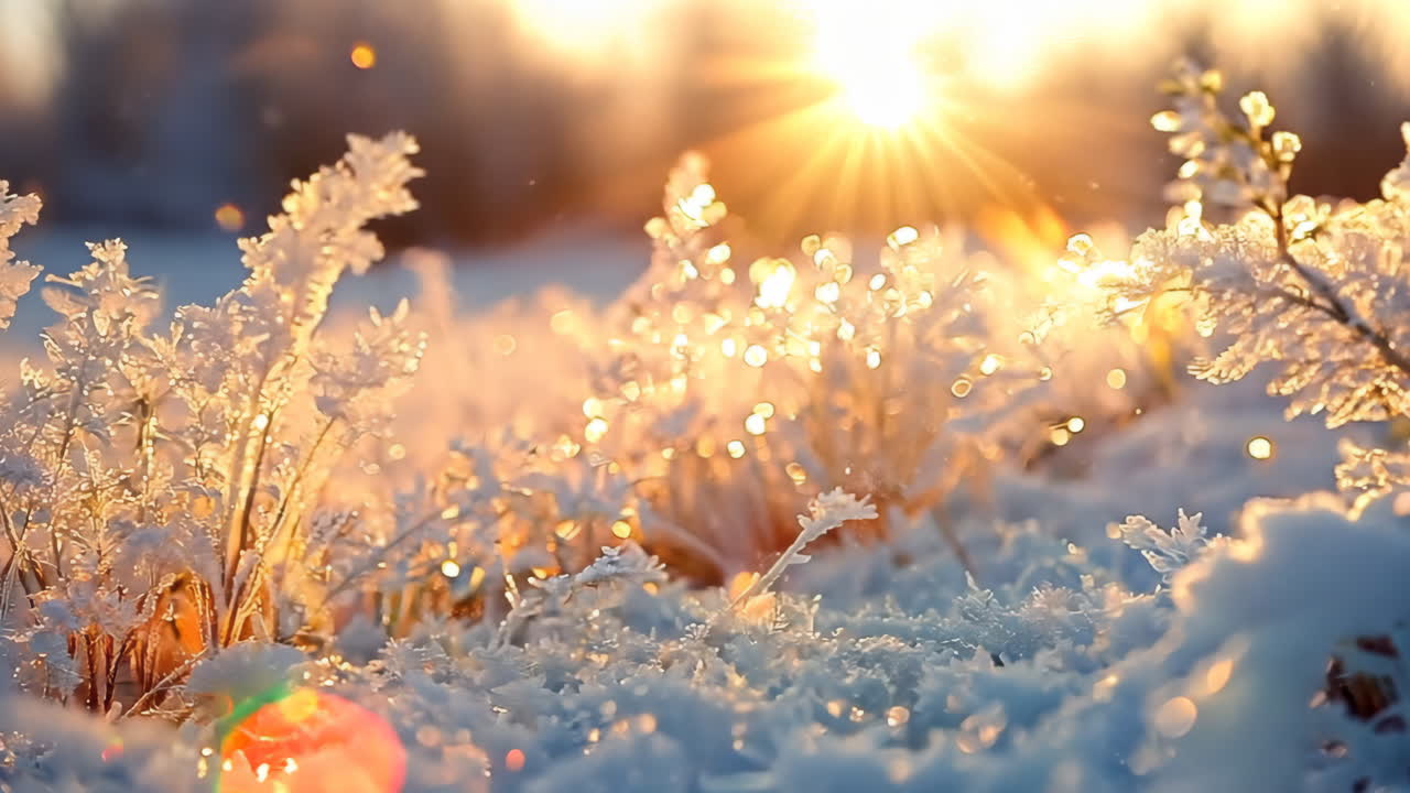 A snowy field with frosted grass and a sun in the background. The sun is shining brightly on the snow, creating a beautiful and serene atmosphere