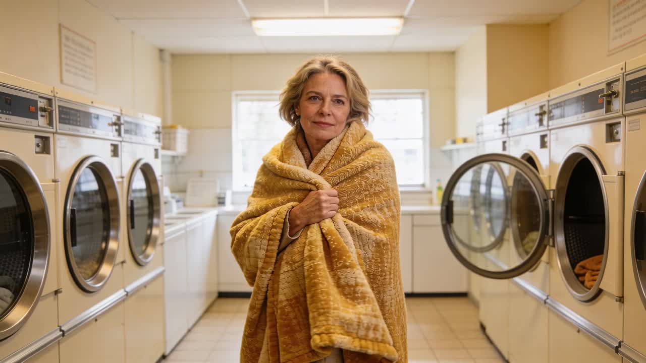 Eingewickelte Frau richtet gelbe Decke im Waschsalon zurecht, bemerkt offenen Trockner, um warm zu bleiben.