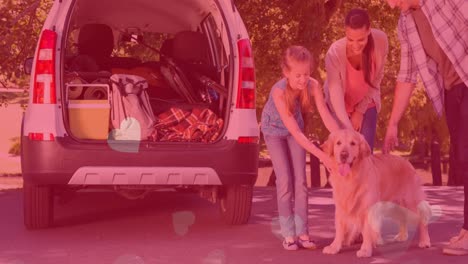 animación de iconos de corazón flotando sobre perro mascota con familia caucásica