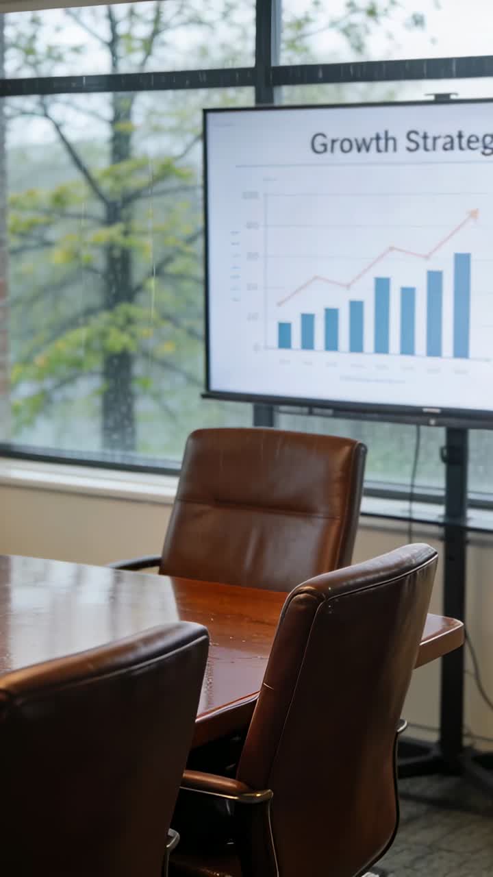 Male presenter entering frame and gesturing at Growth Strategy chart, emphasizing growth in meeting