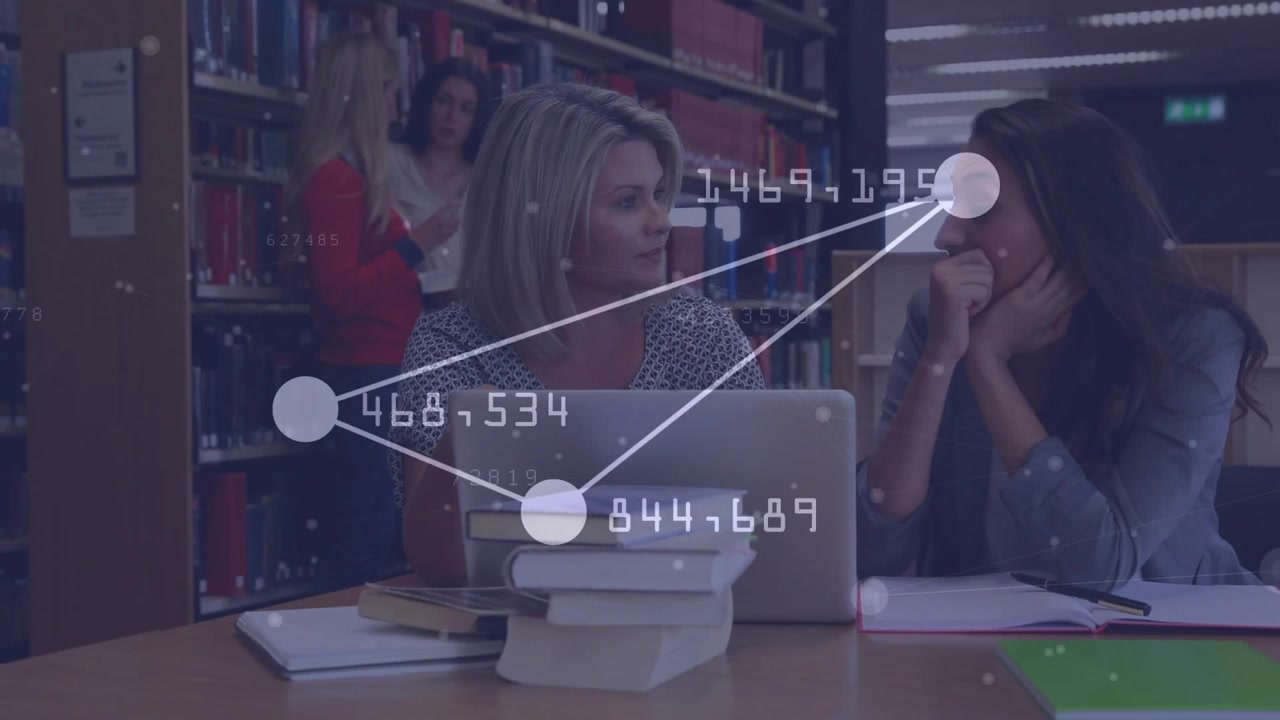 Animation of network of connections with icons over network of children using laptop