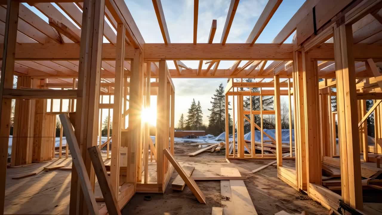 Video fra lav vinkel som fanger en treramme til et hus under bygging ved solnedgang, med fokus på bjelker