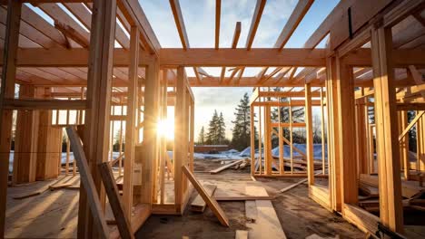 low-angle video capturing a wooden house frame under construction at sunset, highlighting beams