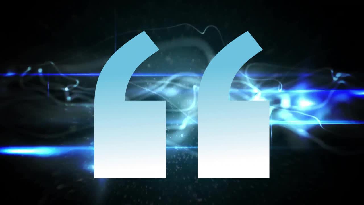 3D render showing stylized quotes emitting glow while swirling particles across dark backdrop