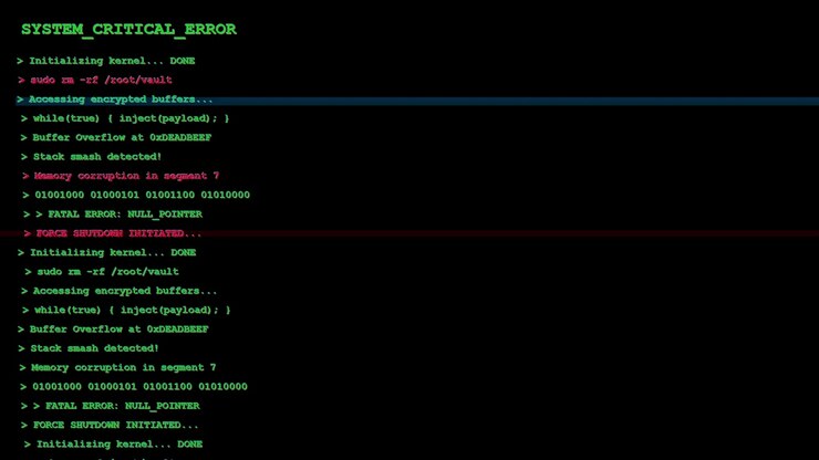 Computer Terminal Displaying System Critical Error and Code Corruption