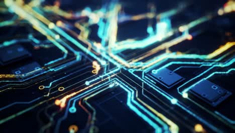 a stunning visualization of circuitry and connection in a vibrant network of electric pathways, showcasing intricate details of technology and design