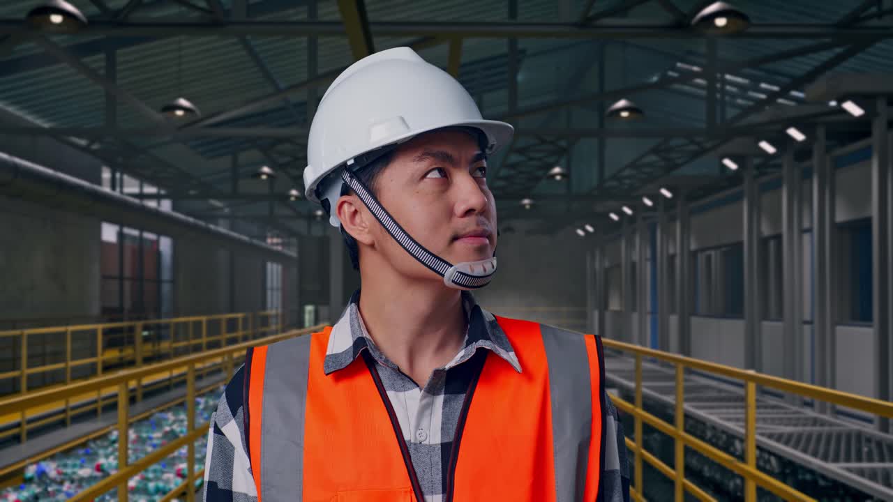 Primer plano de ingeniero asiático con casco de seguridad mirando a su alrededor mientras está de pie, inspeccionando las operaciones de una planta de reciclaje de plástico con cinta transportadora de botellas