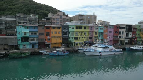 drone shot of colorful houses in zhengbin fisher town neartaipei taiwan