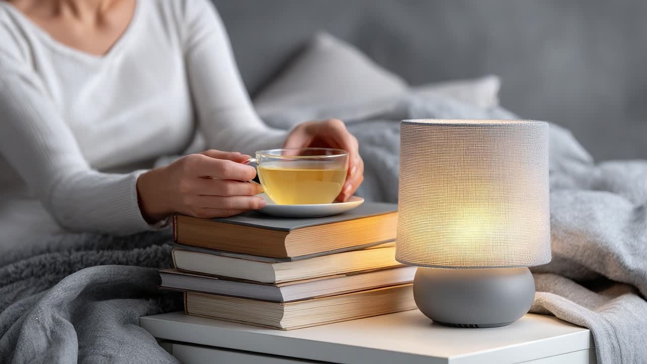 A Cozy Night In: Enjoying a Warm Cup of Tea by the Soft Glow of a Lamp Amidst a Stack of Books for a Peaceful Evening Experience