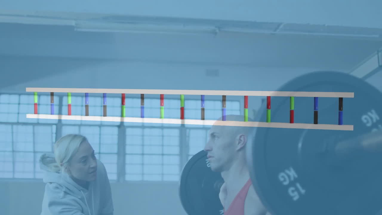 체육관에서 바벨을 들어 올리는 백인 여성 트레이너와 남자의 dna 스트랜드의 애니메이션