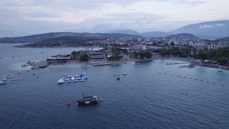 Aerial-view-of-touristic-coastline-and-small-islands---Ksamil,-Albania