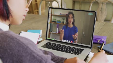 Composition-of-asian-schoolgirl-on-laptop-online-learning-with-biracial-female-teacher