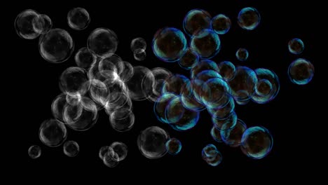 groups of different bubbles are separated by an invisible membrane and mix after the obstacle is removed, computer animation, abstract motion graphics