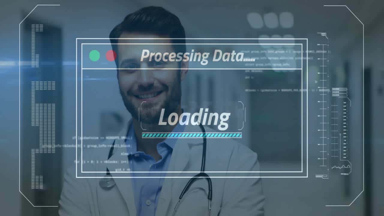Male doctor standing corridor, HUD processing patient data showing Loading bar filling, smiling