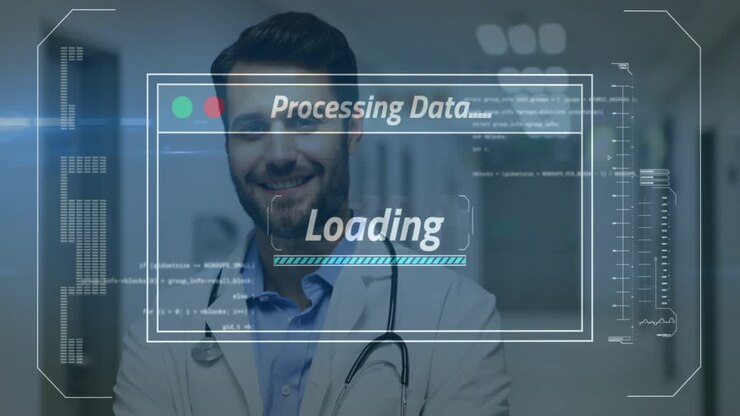 Male doctor standing corridor, HUD processing patient data showing Loading bar filling, smiling