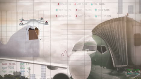 animation of financial data processing over drone with box by airplane