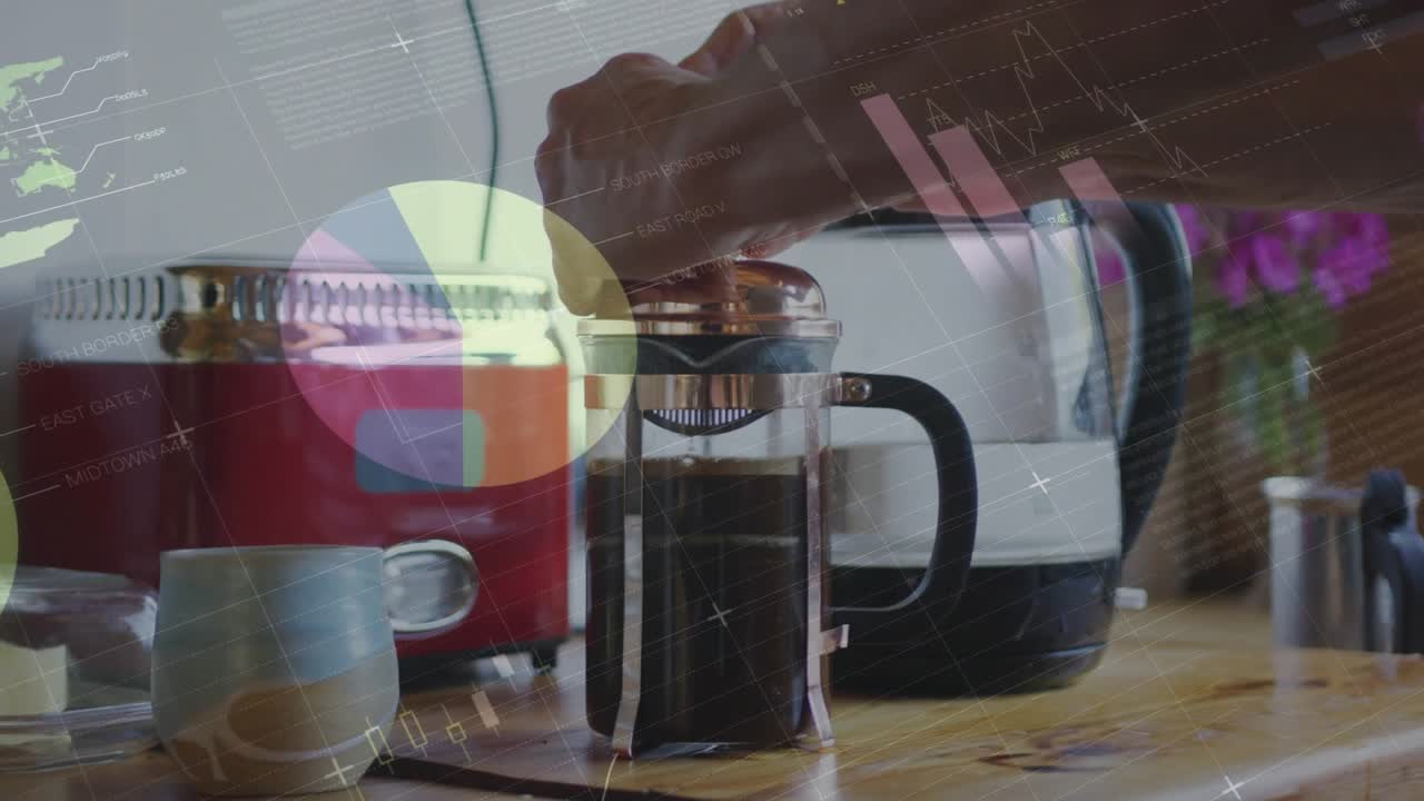 Man's hands pressing plunger down in kitchen filtering brew with data overlays drifting over hands