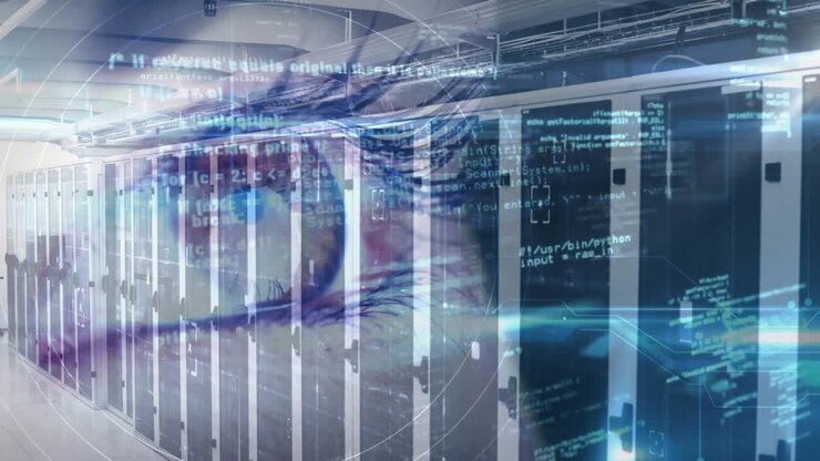 Animation of data processing over close of female eye against computer server room