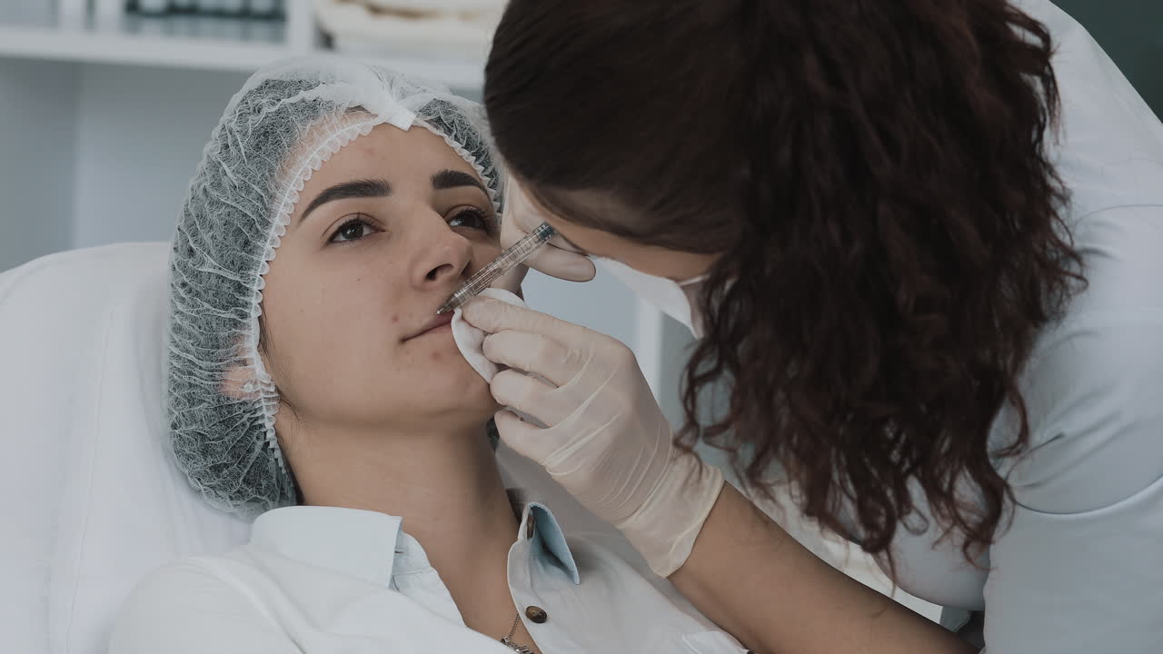 Woman receiving a lip filler injection from a cosmetologist