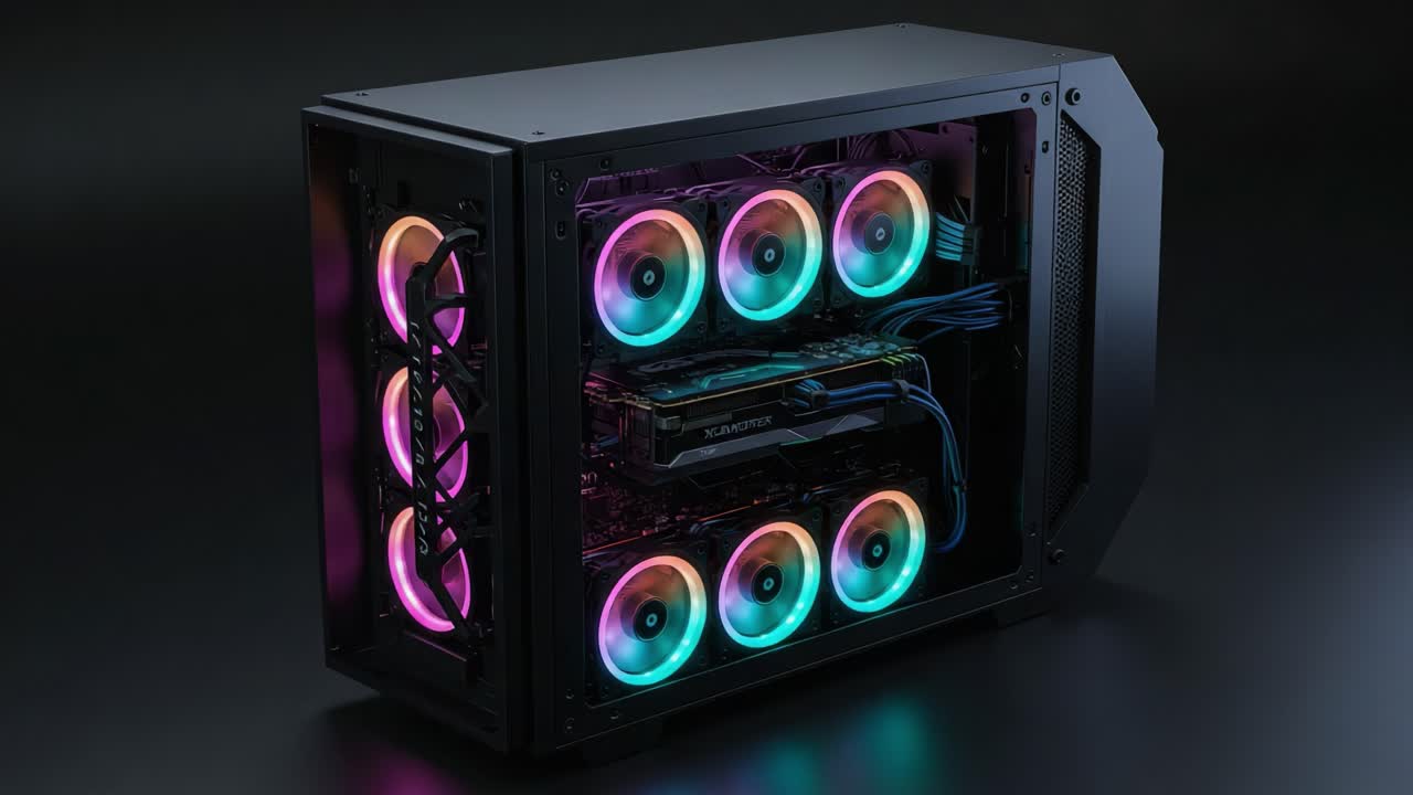 A Stunning Showcase of a Custom Gaming PC with RGB Lighting Effects, Featuring a Sleek Design and Advanced Cooling Solution for Optimal Performance