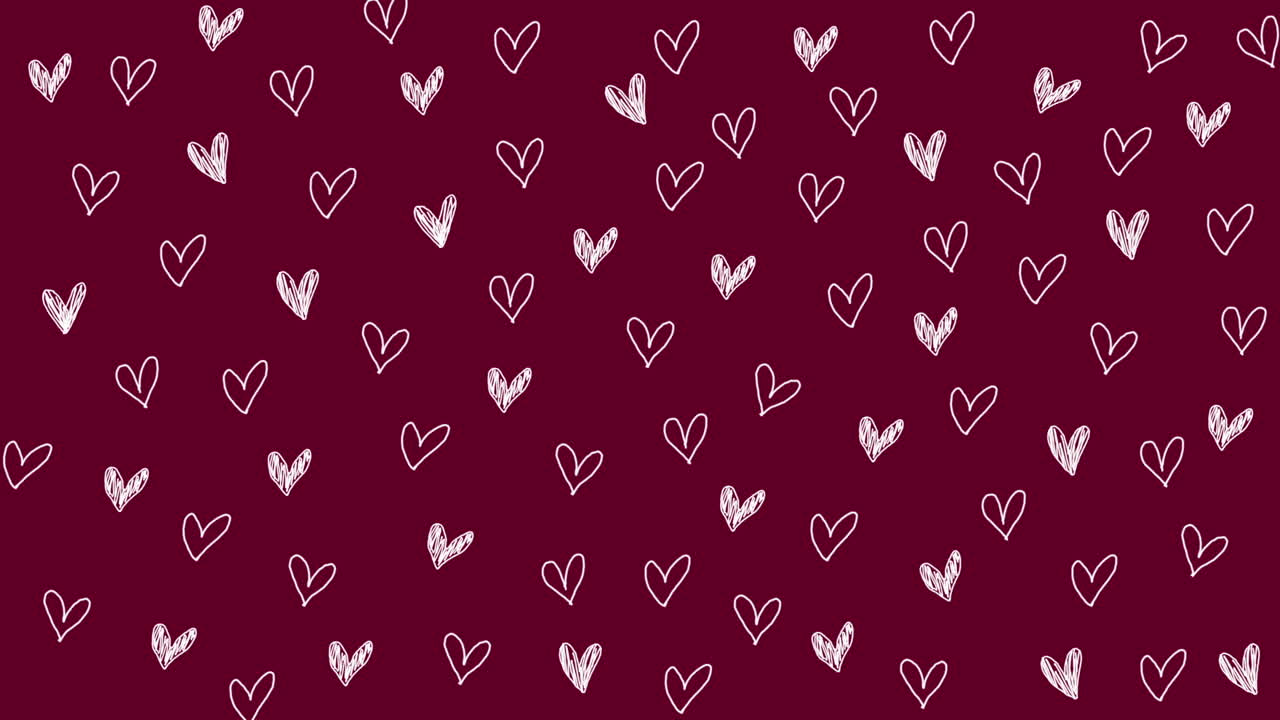 Valentines Day design featuring scattered glossy pink hearts on a burgundy gradient background. Looped festive animation.