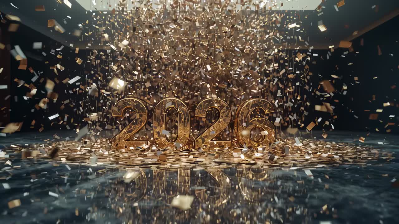 Ein Oberlicht, das metallisches Konfetti über goldene Ziffern 2026 auf einem glänzenden Boden freisetzt und ein frohes neues Jahr enthüllt