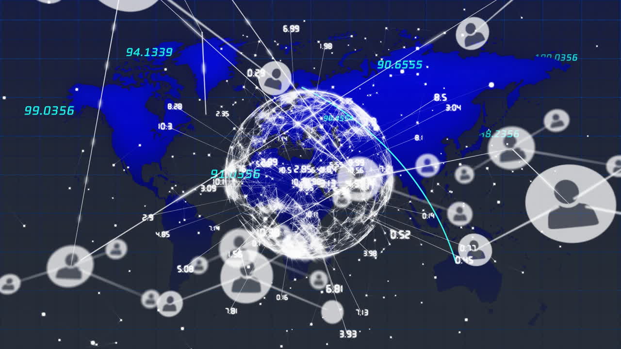 전 세계에 대한 아이콘과 검은색 배경에 대한 데이터 처리와 연결 네트워크의 애니메이션