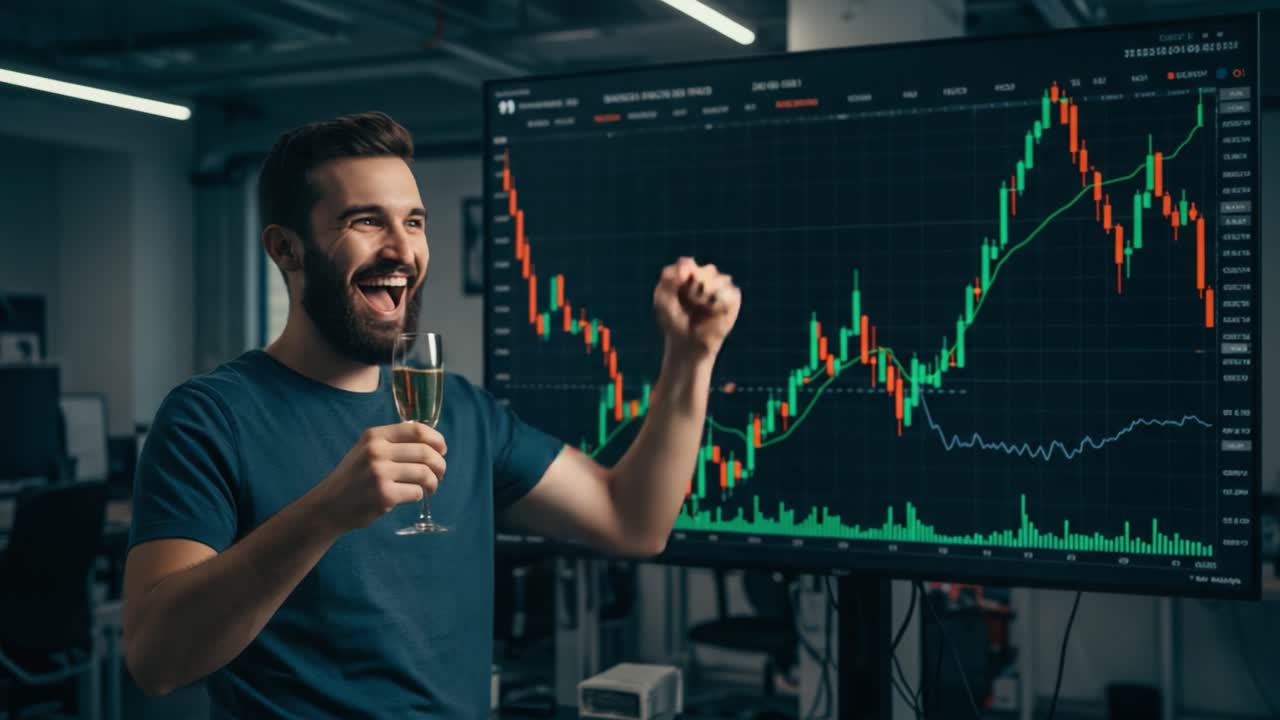 A Joyous Celebration of Success: A Young Man Cheers with a Glass While Standing in Front of a Stock Market Chart Indicating Positive Trends and Growth