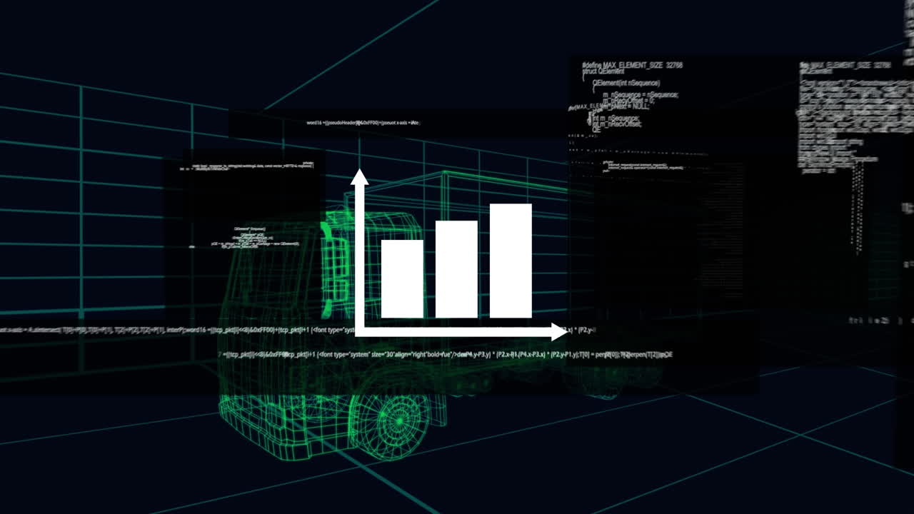 트럭과 그리드의 3d 드로잉 모델에 대한 통계의 애니메이션