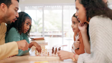 familia, niños y padres jugando al ajedrez en casa
