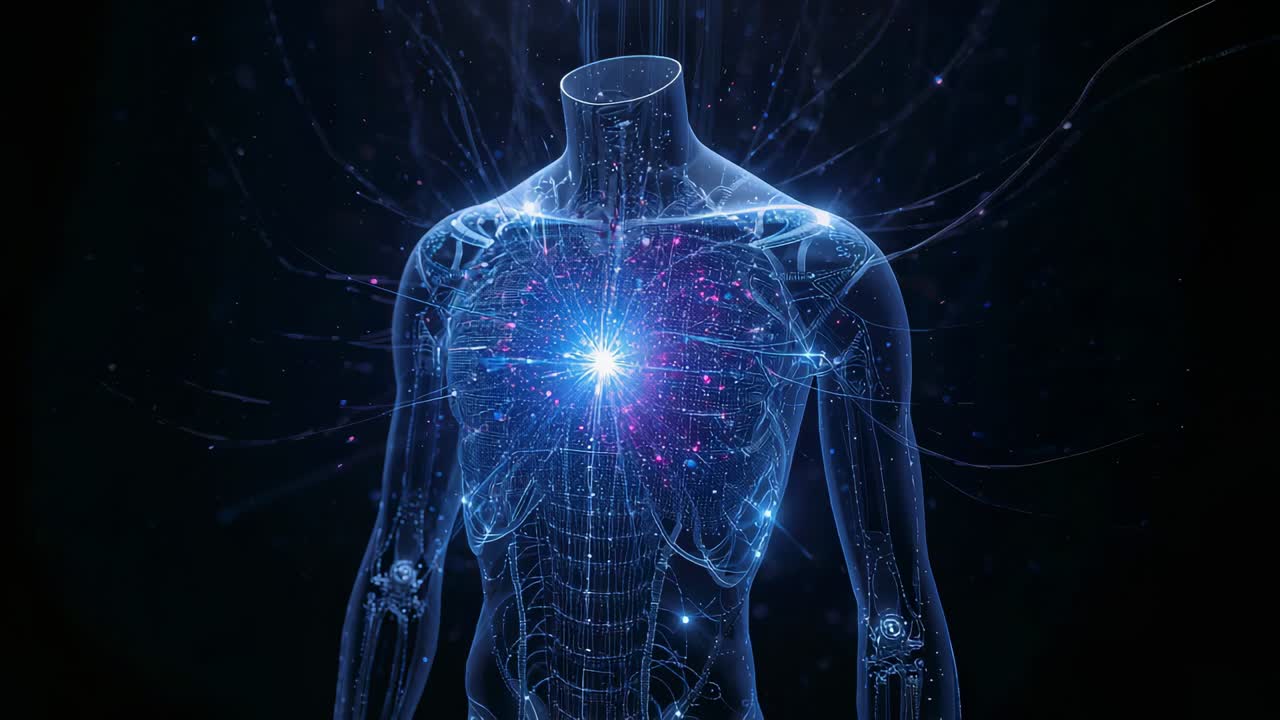 Toont CGI-torso nadat een blauwe stip op de borst verschijnt op zwart, straalt een groeiende kern uit met filamenten.