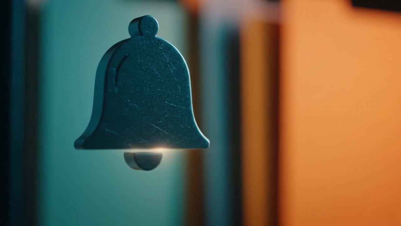 Una vista de cerca de una campana decorativa, suspendida en el aire, sobre un fondo colorido que muestra tonos azules y naranjas, añadiendo profundidad visual a la escena.