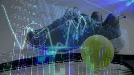 yellow tennis ball hovering above athletic shoe, displaying bar charts, line graphs, world map