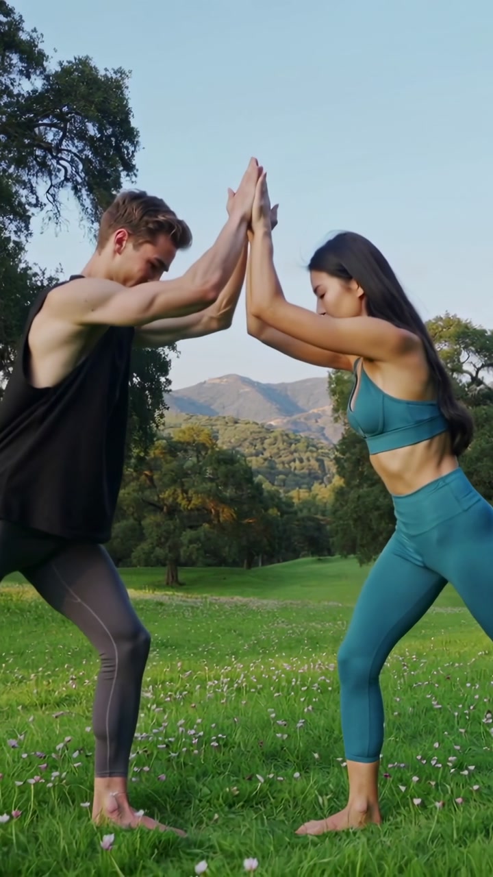 Vertical video: Starting palms touching couple lowering into squat on grass for balance teal black