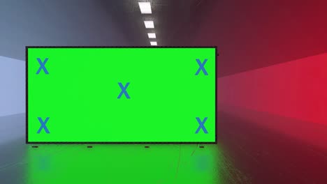 abstract creative tunnel and green screen alpha channel billboard mock up. neon, blue purple led bars and technology, sci fi, futuristic cyber punk 3d rendering with blank frame.