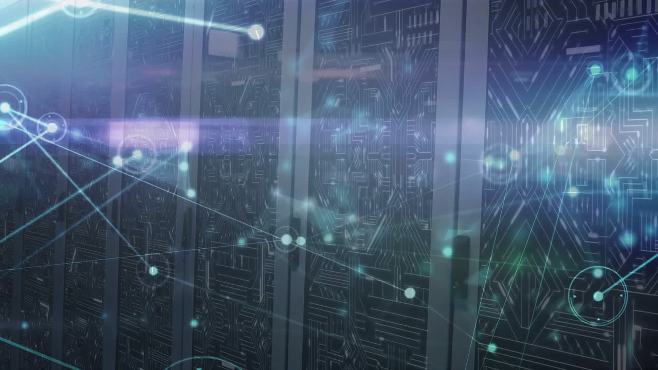 Pale turquoise light appearing on server cabinets, spawning glowing network lines mapping data flow