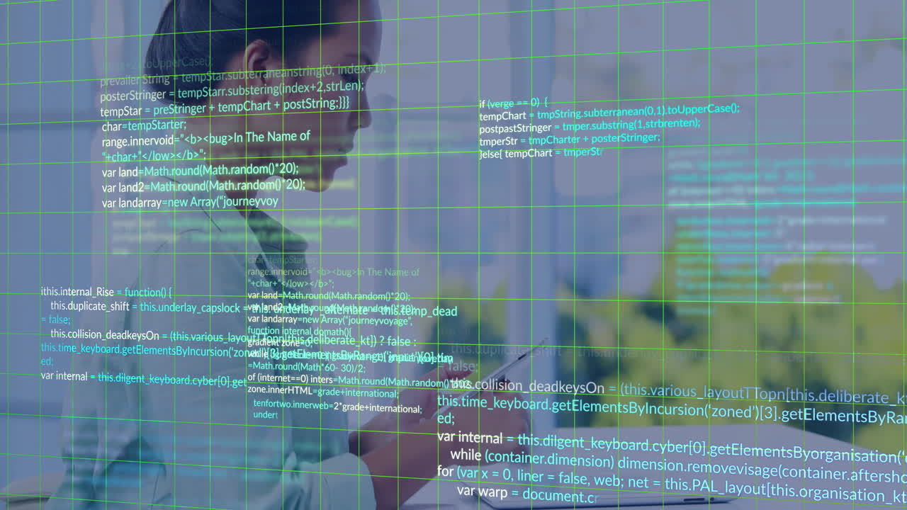 Programming code overlaying scene, business professional using smartphone in office