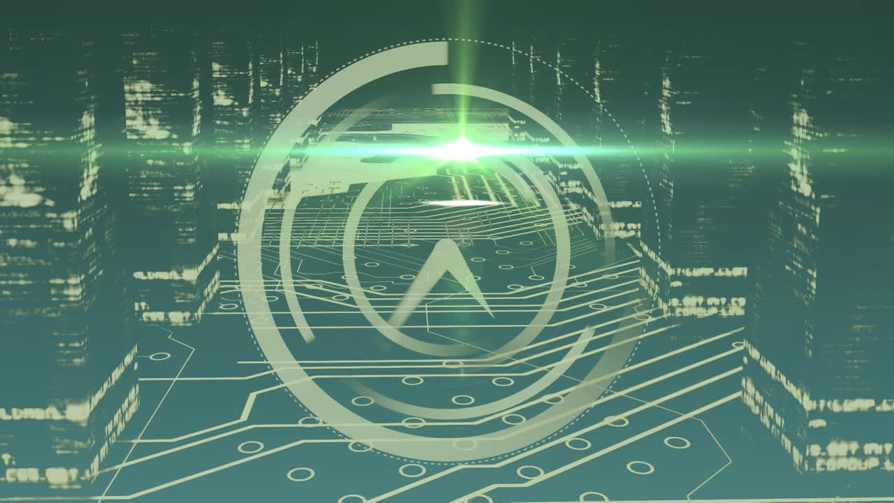 Animation of clock moving, computer circuit board and data processing